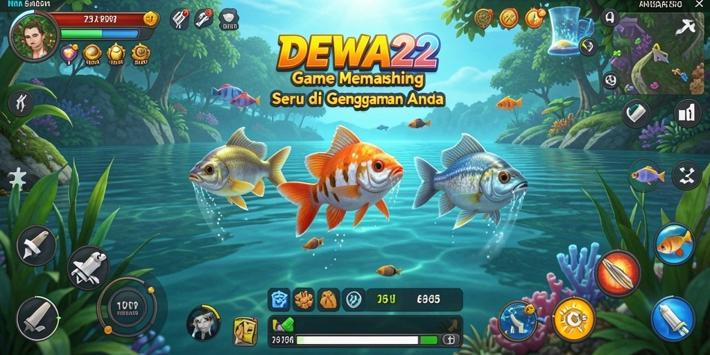 Screenshot gameplay DEWA22, menampilkan aksi memancing yang intens.