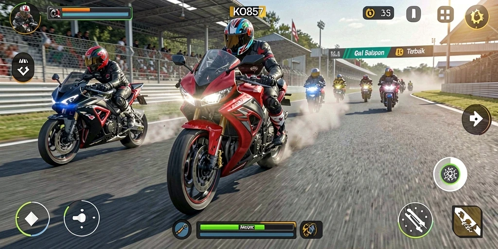 Tampilan gameplay seru balapan motor dalam KO857.