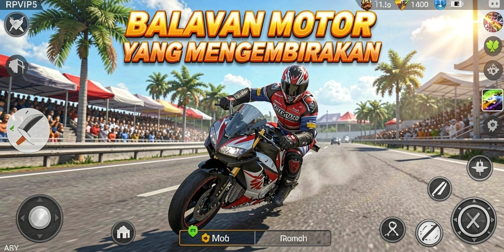 Screenshot gameplay RPVIP5 menampilkan balapan motor yang seru.