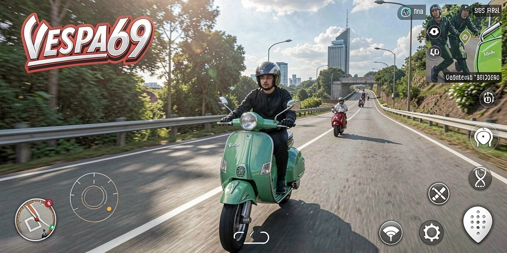 Tangkapan layar gameplay VESPA69 dengan grafis menawan dan pengalaman berkendara.